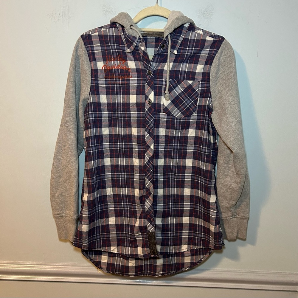 Harley-Davidson Gray & Blue Plaid Button Down Hooded Sweatshirt Size Medium